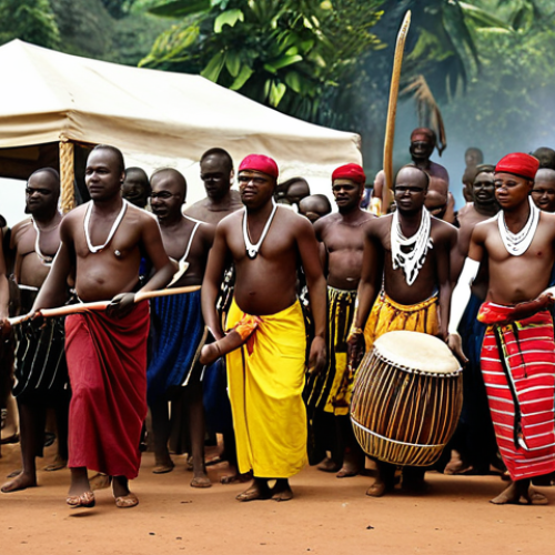 Home 1 **
A vibrant Central African Republic funeral ceremony. Focus on the rhythmic movements of dancers in traditional clothing and mournful expressions, accompanied by drummers. Capture the mystical connection between the living and the dead.
**