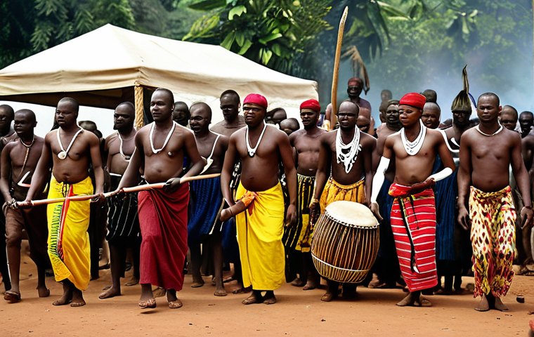 **
A vibrant Central African Republic funeral ceremony. Focus on the rhythmic movements of dancers in traditional clothing and mournful expressions, accompanied by drummers. Capture the mystical connection between the living and the dead.
**