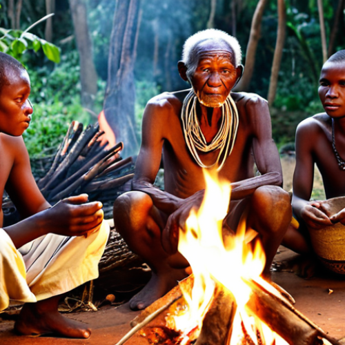 Home 13 **Prompt:** An authentic and warm scene in a traditional Central African village. An elderly, wise-looking tribal elder with a deeply wrinkled face is seated by a crackling campfire, sharing stories. Surrounding him, villagers of all ages, some subtly moving to an implied drum rhythm, listen intently. The atmosphere is one of profound communal connection, cultural heritage, and shared human experience. The background features the dense, ancient forest. Soft, intimate firelight illuminates the faces, creating a sense of peace and belonging. Photorealistic, high detail, rich textures, warm color palette.