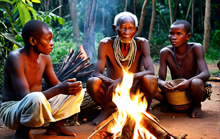 **Prompt:** An authentic and warm scene in a traditional Central African village. An elderly, wise-looking tribal elder with a deeply wrinkled face is seated by a crackling campfire, sharing stories. Surrounding him, villagers of all ages, some subtly moving to an implied drum rhythm, listen intently. The atmosphere is one of profound communal connection, cultural heritage, and shared human experience. The background features the dense, ancient forest. Soft, intimate firelight illuminates the faces, creating a sense of peace and belonging. Photorealistic, high detail, rich textures, warm color palette.