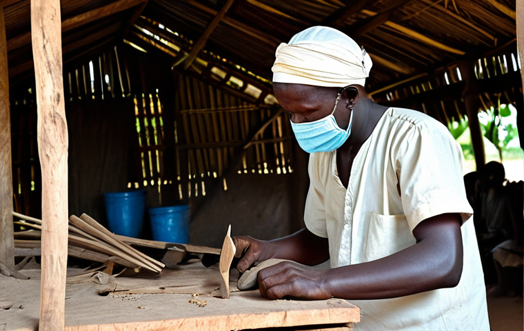 **

"A woodcarver in a village setting in the Central African Republic, meticulously crafting a traditional mask from dark wood. The mask features intricate carvings and symbolic elements. The artisan is fully clothed in modest, traditional attire. Background shows a simple workshop and local village life. Perfect anatomy, correct proportions, natural pose, professional photography, high quality, safe for work, appropriate content, fully clothed, family-friendly."

**