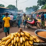 중앙아프리카 공화국 여행비용 - **Prompt:** A vibrant, wide-angle shot capturing the bustling atmosphere of Marché Central in Bangui...