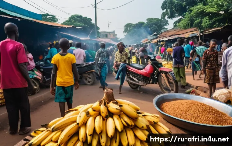 중앙아프리카 공화국 여행비용 - **Prompt:** A vibrant, wide-angle shot capturing the bustling atmosphere of Marché Central in Bangui...
