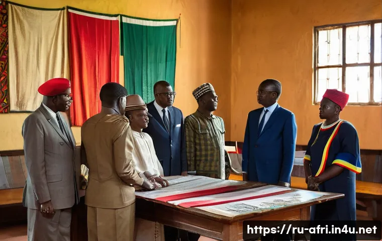 중앙아프리카 공화국 혁명과 군부 정권 - A detailed scene depicting the early years of the Central African Republic’s independence in 1960, s...