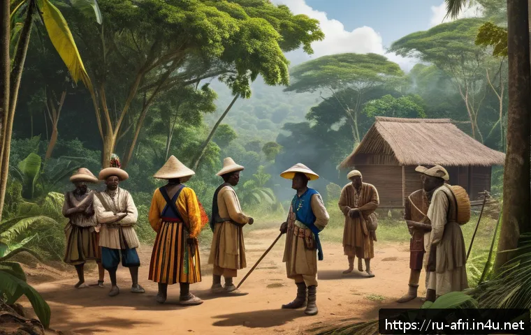 중앙아프리카 공화국 식민지 시대 - A detailed historical scene depicting 19th-century European explorers and colonial administrators in...