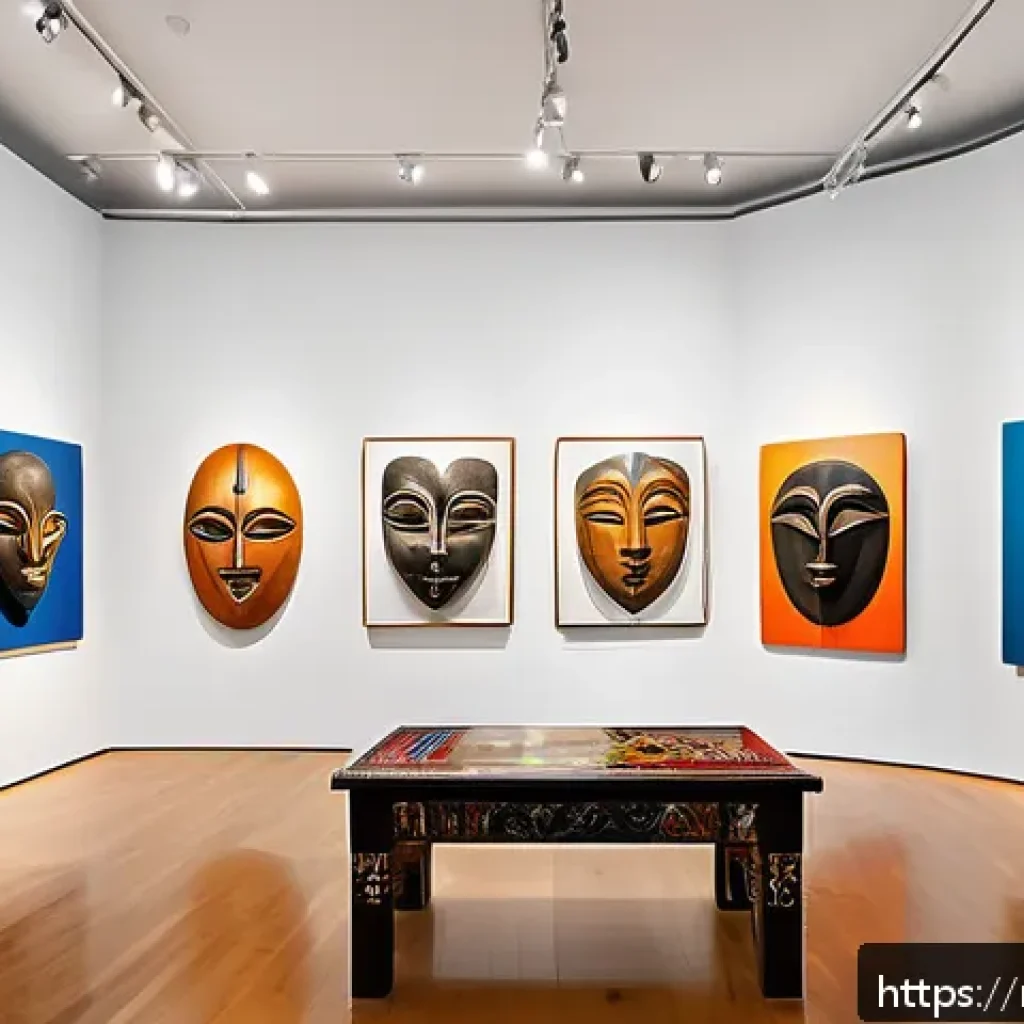 중앙아프리카 공화국 유명 예술가 - A vibrant contemporary Central African art gallery interior showcasing a mix of traditional and mode...