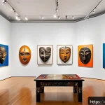 Home 23 중앙아프리카 공화국 유명 예술가 - A vibrant contemporary Central African art gallery interior showcasing a mix of traditional and mode...
