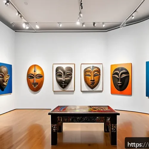 Home 17 중앙아프리카 공화국 유명 예술가 - A vibrant contemporary Central African art gallery interior showcasing a mix of traditional and mode...