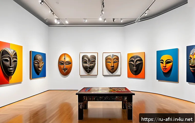 중앙아프리카 공화국 유명 예술가 - A vibrant contemporary Central African art gallery interior showcasing a mix of traditional and mode...