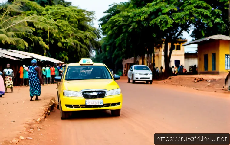 중앙아프리카 공화국 현지 교통 - Photorealistic street scene in Bangui, Central African Republic, a shared yellow-and-green taxi carr...