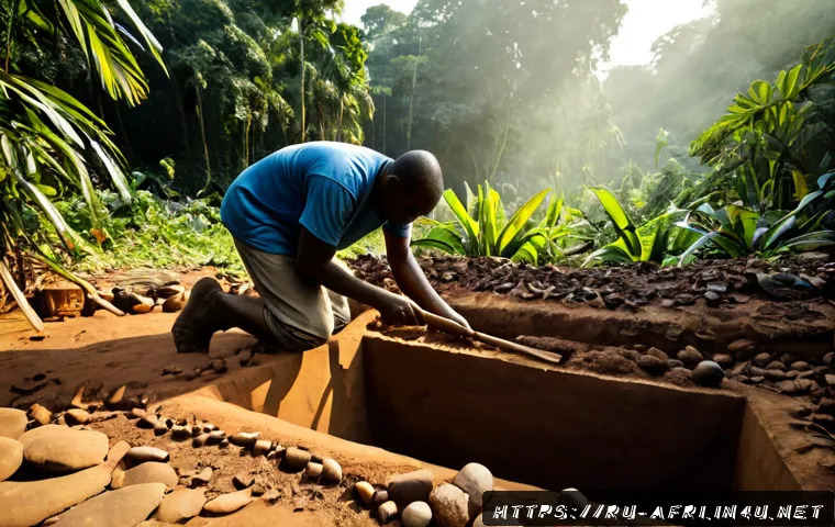 중앙아프리카 공화국의 고고학적 발견 - Photorealistic archaeological excavation in the Central African Republic rainforest, local Central A...